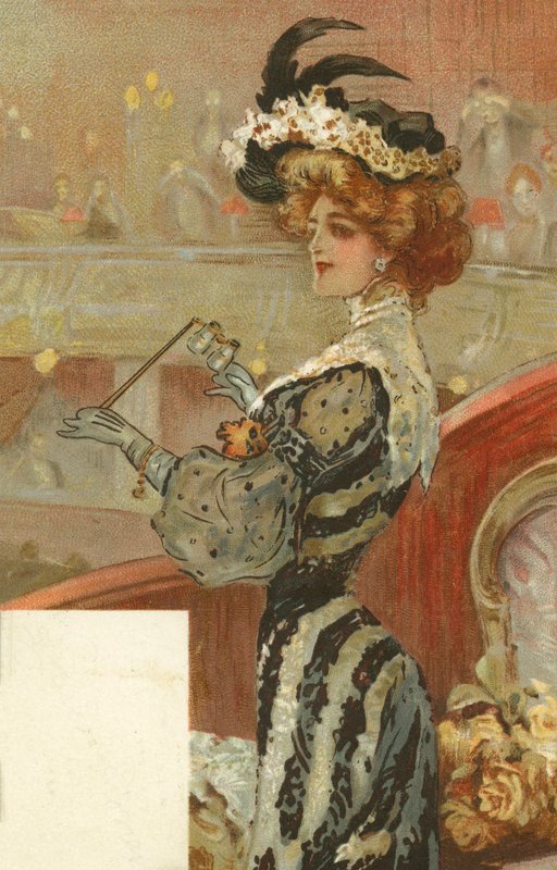 Elegante vrouw in het theater (kleurenlitho) door European School