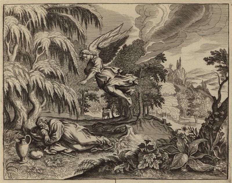 Elia gewekt door een engel in de wildernis (gravure) door European School