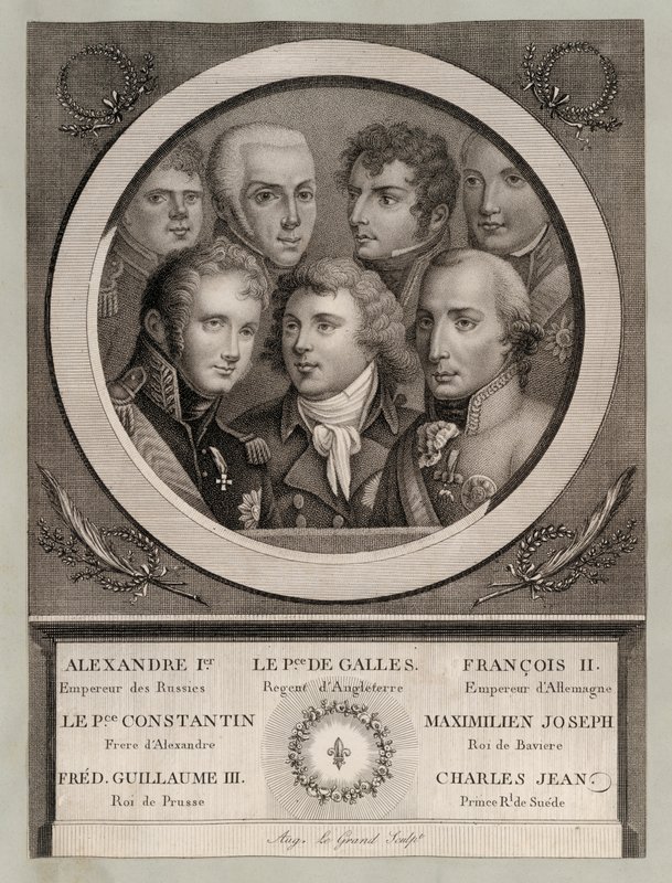 Europese royalty van het begin van de 19e eeuw: Tsaar Alexander I van Rusland; George, Prins van Wales, Regent van Koning George III; Frans II, Heilige Roomse Keizer; Groothertog Konstantin Pavlovich van Rusland; Maximiliaan Jozef, Koning van Beieren en Ke door European School