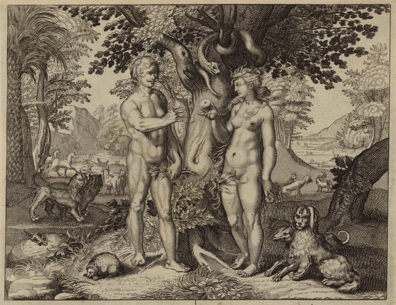Eva verleid door de slang om de vrucht van de Boom der Kennis te eten (gravure) door European School