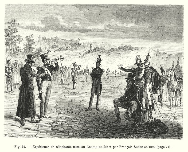 Telefoonexperiment uitgevoerd op het Champ-de-Mars door François Sudre in 1829 door European School