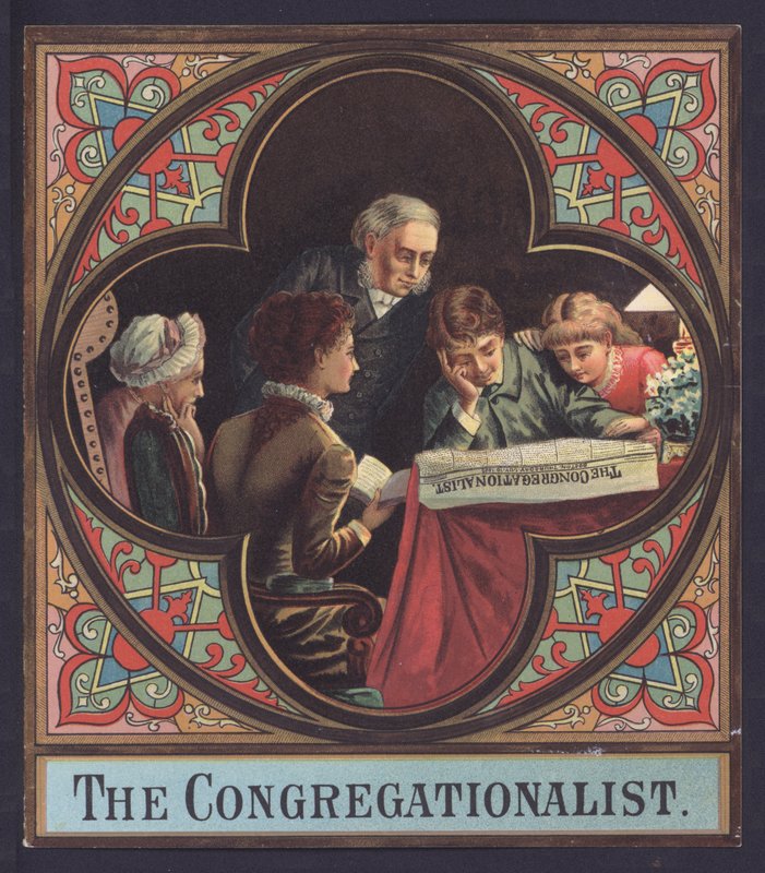 Familie leest een exemplaar van The Congregationalist (chromolitho) door European School