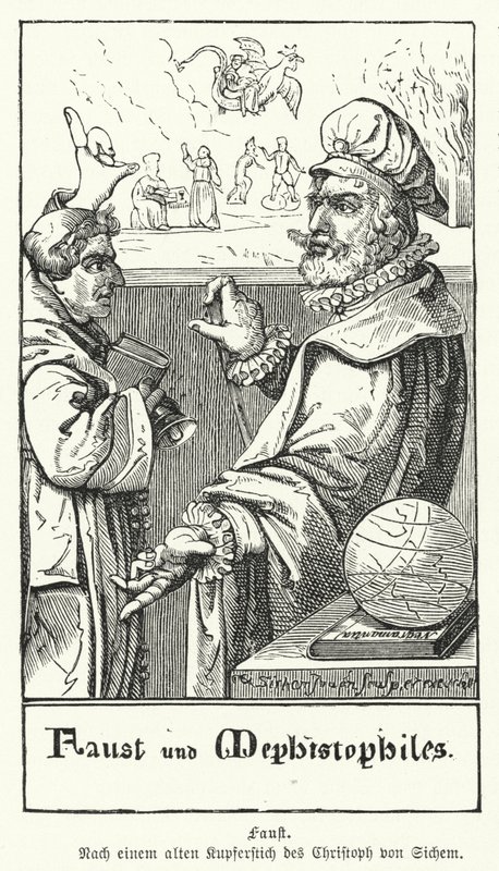 Faust en Mephistopheles (gravure) door European School