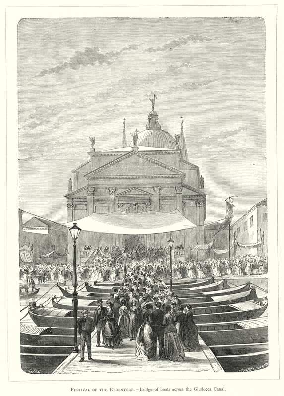 Festival van de Redentore, brug van boten over het Giudecca-kanaal door European School