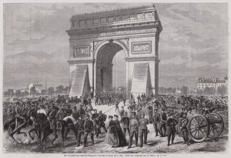 Duitse soldaten bij de Arc de Triomphe, Parijs, na het veiligstellen van de overwinning in de Frans-Duitse Oorlog, 2 maart 1871 door European School