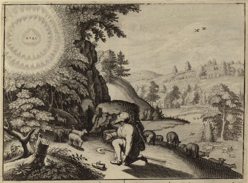 God verschijnt aan Mozes in de brandende struik (gravure) door European School