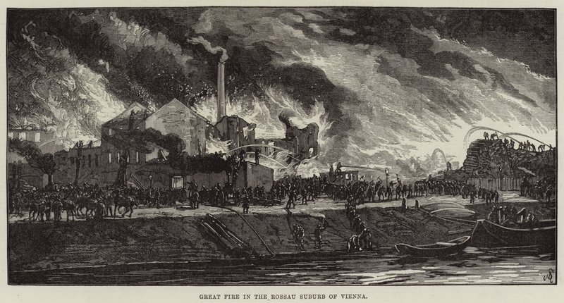 Grote brand in de Rossau-wijk van Wenen (gravure) door European School