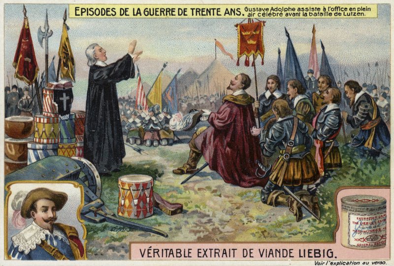 Gustaaf Adolf van Zweden woont een openluchtdienst bij voor de Slag bij Lützen, Duitsland, 1632 door European School