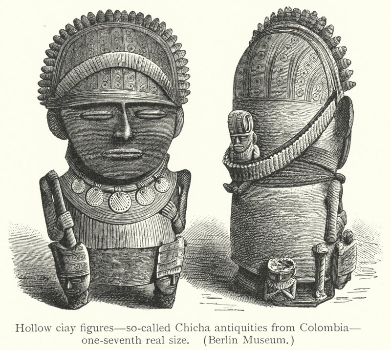 Hol kleifiguren, zogenaamde Chicha-antiquiteiten uit Colombia (gravure) door European School