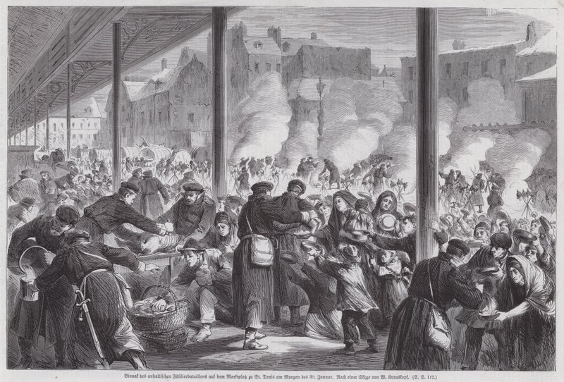 Hongerende Parijzenaars bedelen om voedsel van Duitse soldaten op het marktplein van St Denis na het einde van het Beleg van Parijs, Frans-Duitse Oorlog door European School