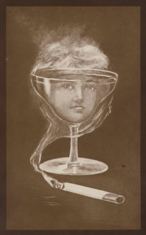 Beeld van een vrouwengezicht, gemaakt door een wijnglas en sigarettenrook, c1917 (litho) door European School