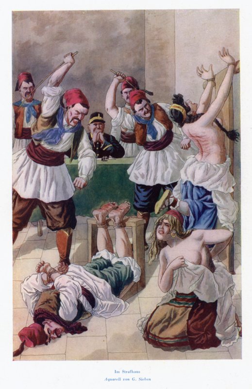 In het strafhuis: twee vrouwen en een man worden geslagen (kleurenlitho) door European School
