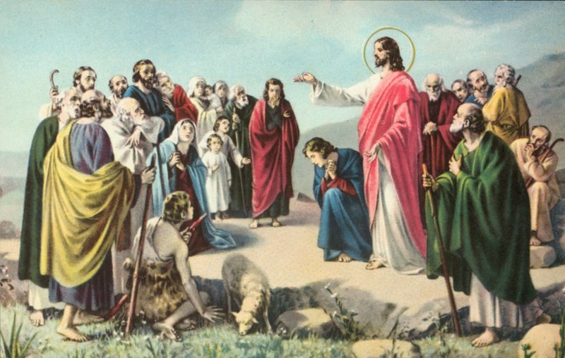 Jezus Christus tijdens de Bergrede (kleurenlitho) door European School