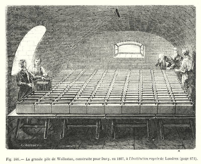 De grote batterij van Wollaston, gebouwd voor Davy in 1807, in het Koninklijk Instituut van Londen door European School