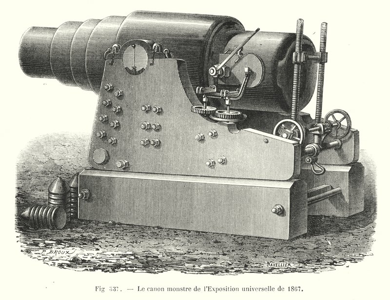 Het monsterkanon van de Wereldtentoonstelling van 1867 (gravure) door European School