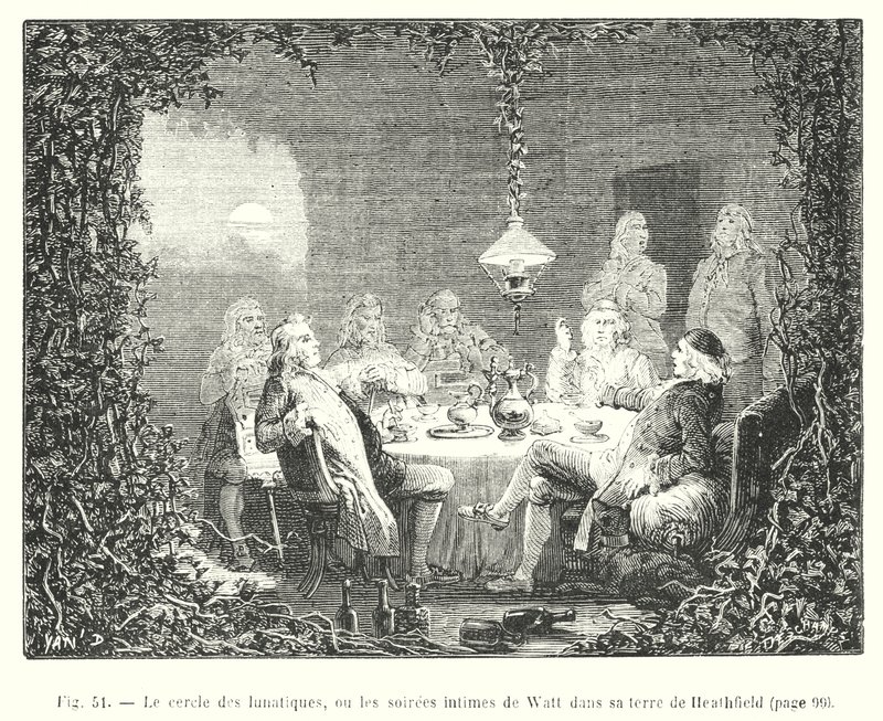 De kring van de gekken, of de intieme avonden van Watt op zijn landgoed Heathfield (gravure) door European School