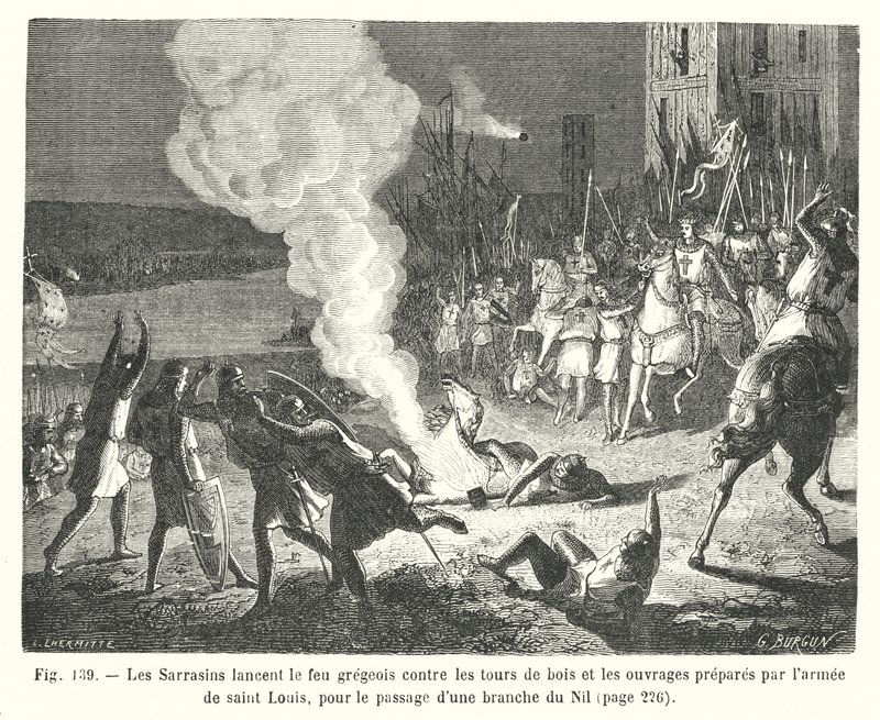 De Saracenen werpen Grieks vuur tegen de houten torens en de werken voorbereid door het leger van Sint Louis, voor de oversteek van een tak van de Nijl (gravure) door European School