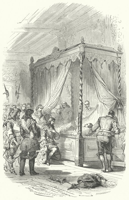 Lodewijk XIV van Frankrijk brengt zijn eerbetoon aan het dode lichaam van Jean V d