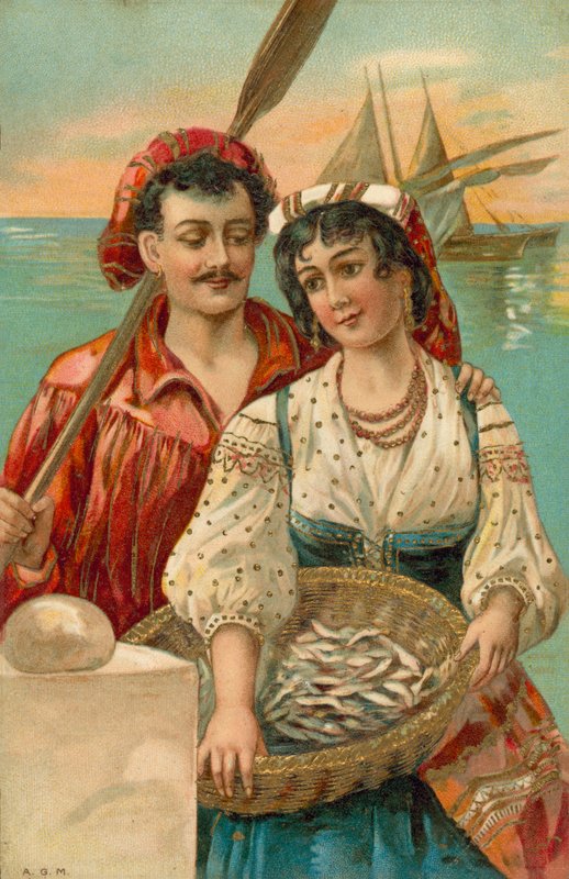 Mediterrane visser en vrouw (kleurenlitho) door European School