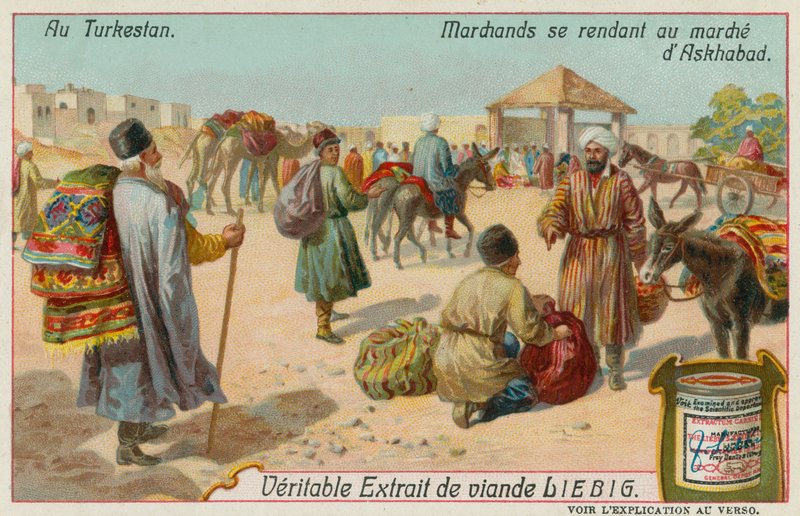 Kooplieden gaan naar een markt in Ashgabat in Turkmenistan door European School