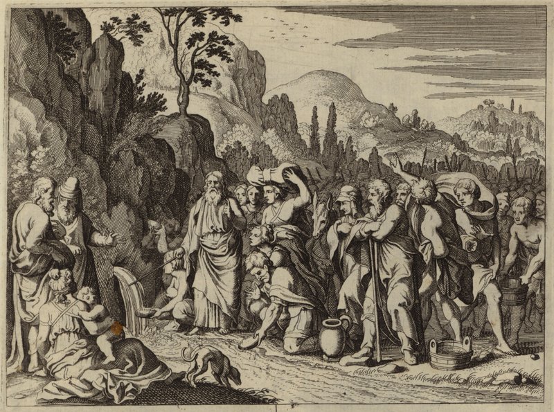 Mozes slaat met zijn staf op de rots om water te laten stromen (gravure) door European School
