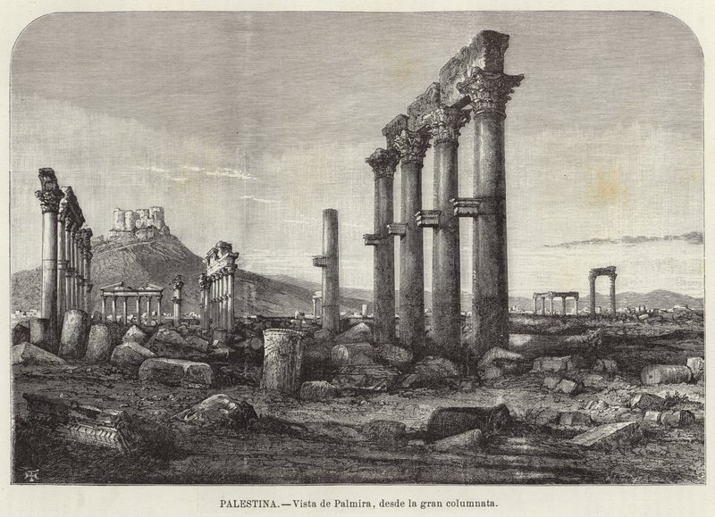 Palestina, Uitzicht op Palmyra vanaf de grote colonnade door European School