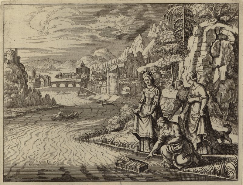 De dochter van de farao ontdekt de baby Mozes die op de Nijl drijft (gravure) door European School