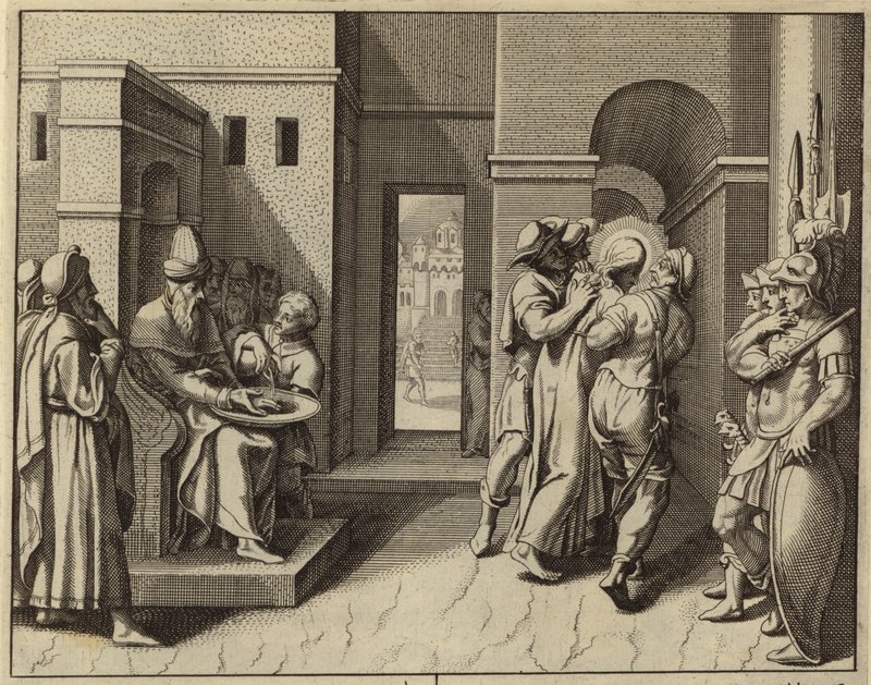 Pontius Pilatus wast zijn handen na de veroordeling van Jezus Christus (gravure) door European School