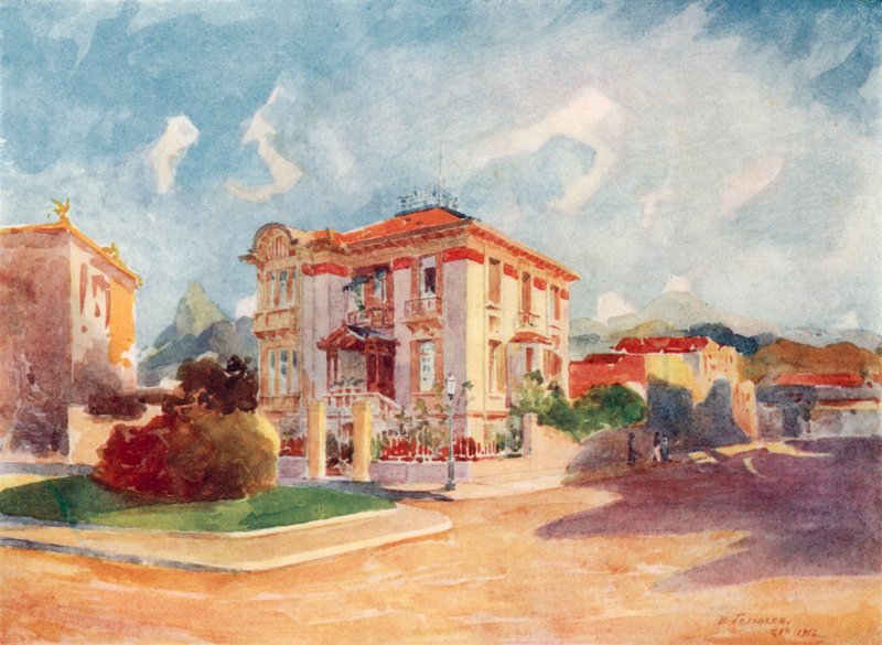 Woonhuis van HE Dr Pedro de Toledo, voormalig minister van Landbouw, Avenida Beira Mar (kleurenlitho) door European School