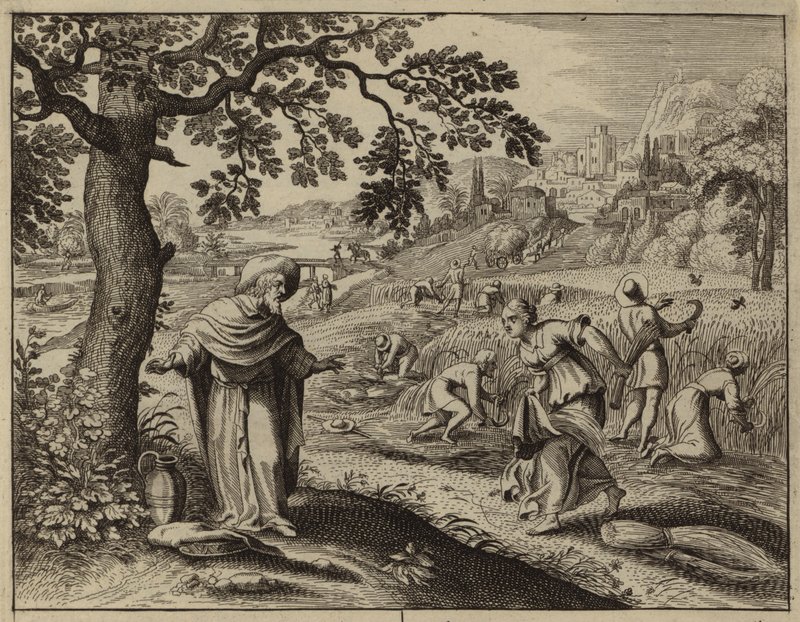 Ruth ontmoet Boaz terwijl ze aren raapt in zijn veld (gravure) door European School