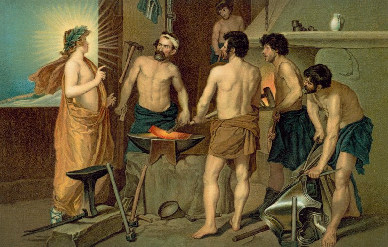 Heilige verschijnend aan smeden in een smederij (chromolitho) door European School