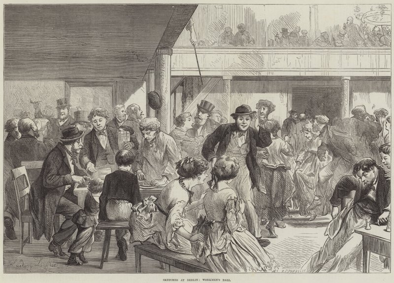 Schetsen in Berlijn, bal van arbeiders (gravure) door European School