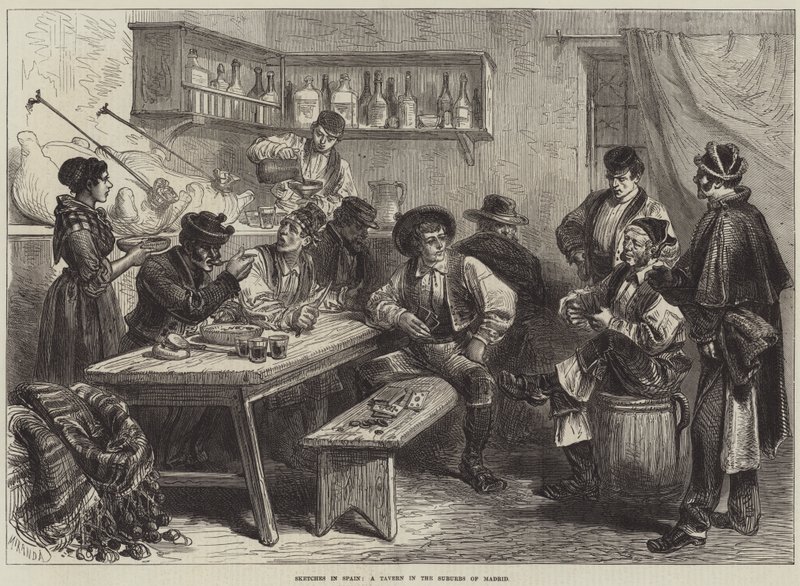 Schetsen in Spanje, een taverne in de buitenwijken van Madrid (gravure) door European School