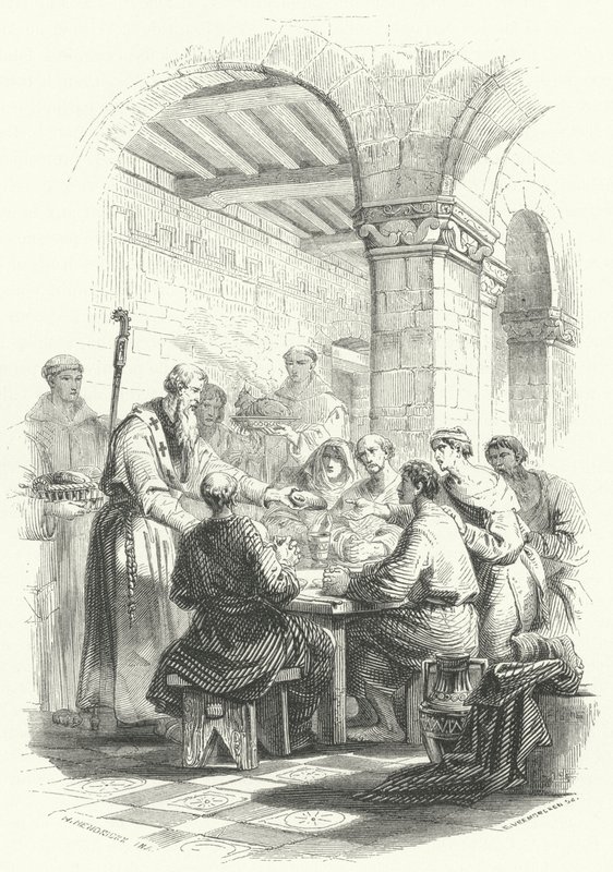 Sint Eligius bedient voedsel aan de armen (gravure) door European School