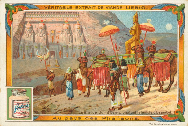 Beeld van Osiris op bezoek in de tempel van Ipsambul, Liebig-kaart, begin 20e eeuw (chromo) door European School