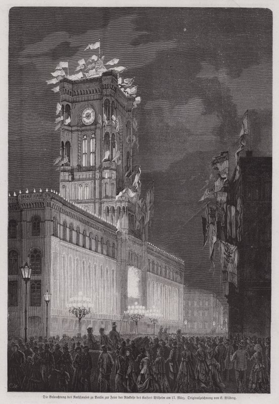 Het Berlijnse Rathaus verlicht om de terugkeer van Kaiser Wilhelm I te vieren door European School