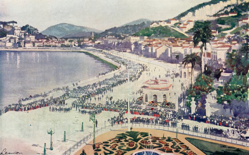 Praia da Lapa en Praca da Gloria, een glimp van de militaire parade op 15 november, de verjaardag van de stichting van de Republiek Brazilië (kleurenlitho) door European School