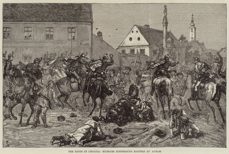 De rellen in Kroatië, huzaren verdrijven relschoppers in Agram (gravure) door European School