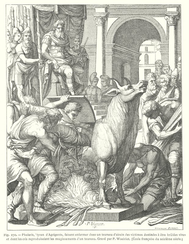 De bronzen stier: martel- en executie-instrument door vuur gebruikt door de oude Griekse tiran Phalaris van Akragas (Agrigento), Sicilië door European School
