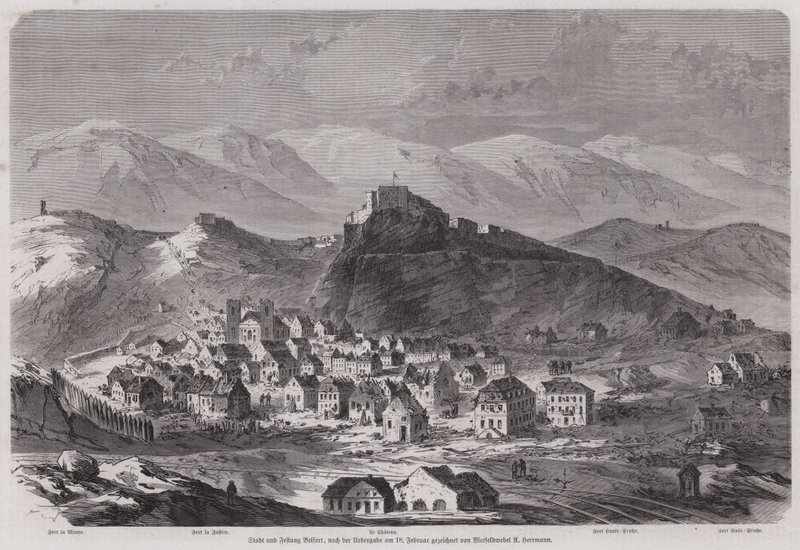 Stad en fort van Belfort, Frankrijk, na de overgave aan de belegerende Duitsers, Frans-Duitse Oorlog door European School