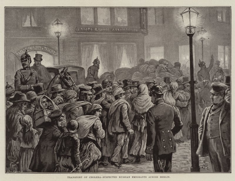 Transport van cholera-verdachte Russische emigranten door Berlijn (litho) door European School