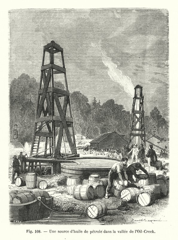 Een bron van aardolie in de Oil-Creek vallei door European School