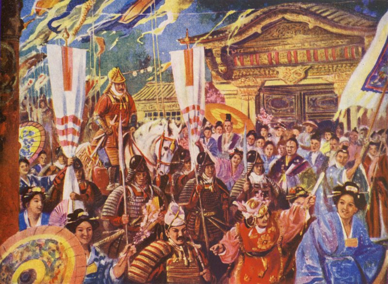 Yoritomo wordt shogun, 1192 na Christus (kleurenlitho) door European School