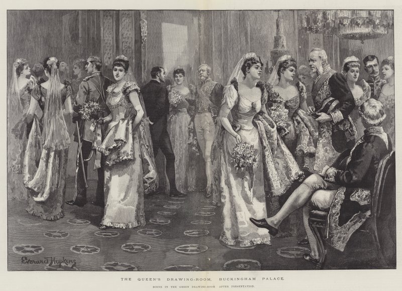 De tekenkamer van de koningin, Buckingham Palace, scène in de groene tekenkamer na de presentatie door Everard Hopkins