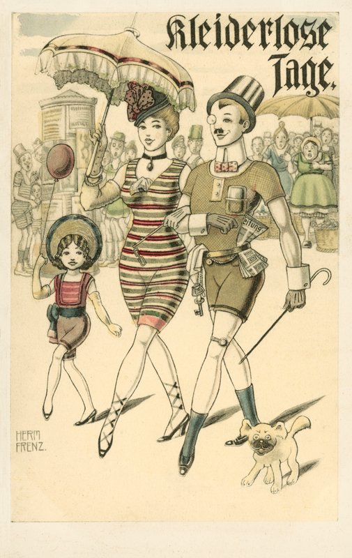 Duits echtpaar en hun dochter in ondergoed (kleurenlitho) door F.F.