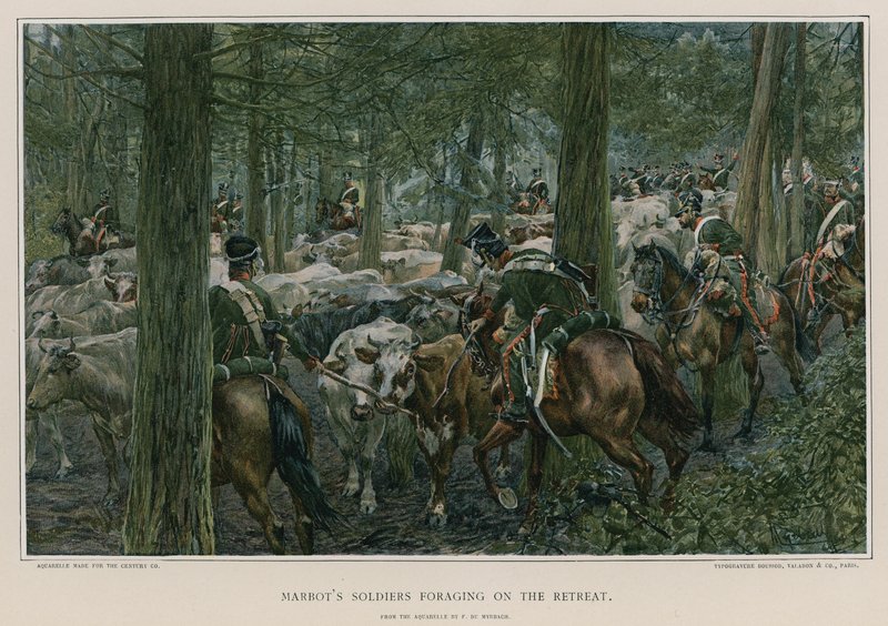 Marbots soldaten op zoek naar voedsel tijdens de terugtocht door Felicien baron de Myrbach Rheinfeld