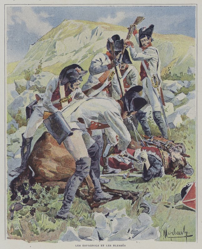 Spaanse troepen doden gewonde soldaten door Felicien baron de after Myrbach Rheinfeld