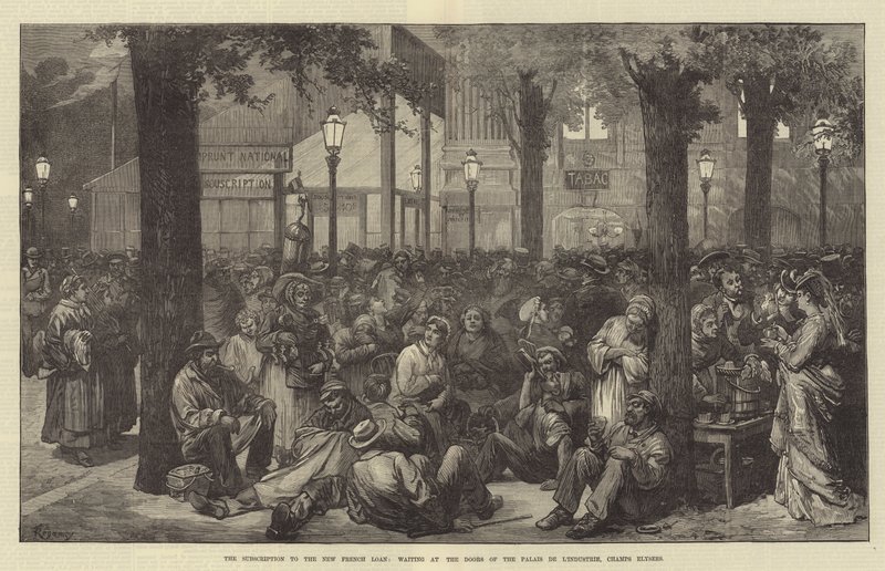 De inschrijving op de nieuwe Franse lening, wachtend bij de deuren van het Palais de l