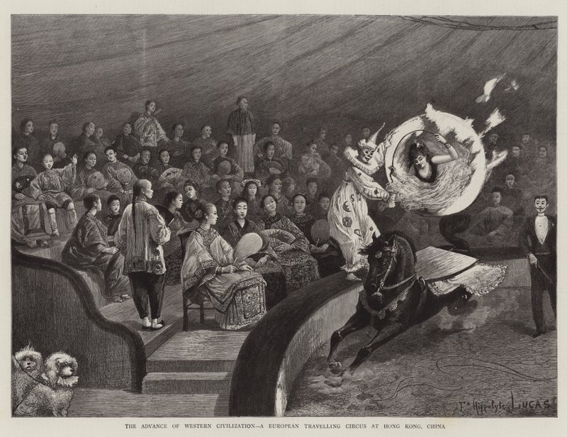De opmars van de westerse beschaving, een Europees reizend circus in Hong Kong, China door Felix Hippolyte Lucas