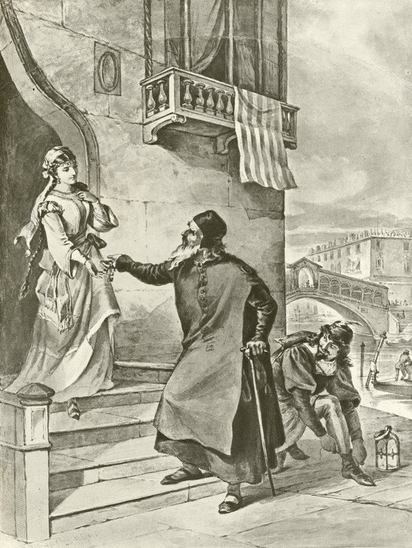 De koopman van Venetië. Act II, Scene V door Felix Octavius Carr Darley